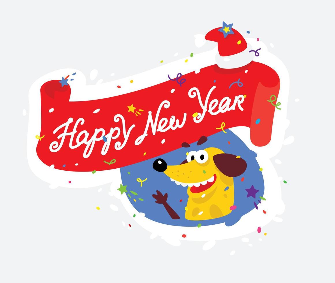 Yellow dog is the symbol of the new year. Vector illustration in a flat style. Sticker of a silly dog. The image is isolated from the background. Character for print, web and messengers.