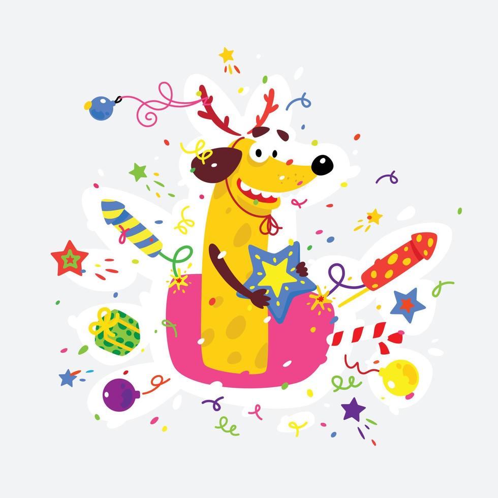 Yellow dog is the symbol of Chinese New Year. Vector flat illustration of a dog with crackers, fireworks, Bengal lights. The image is isolated from the background. The holiday mascot sticker.