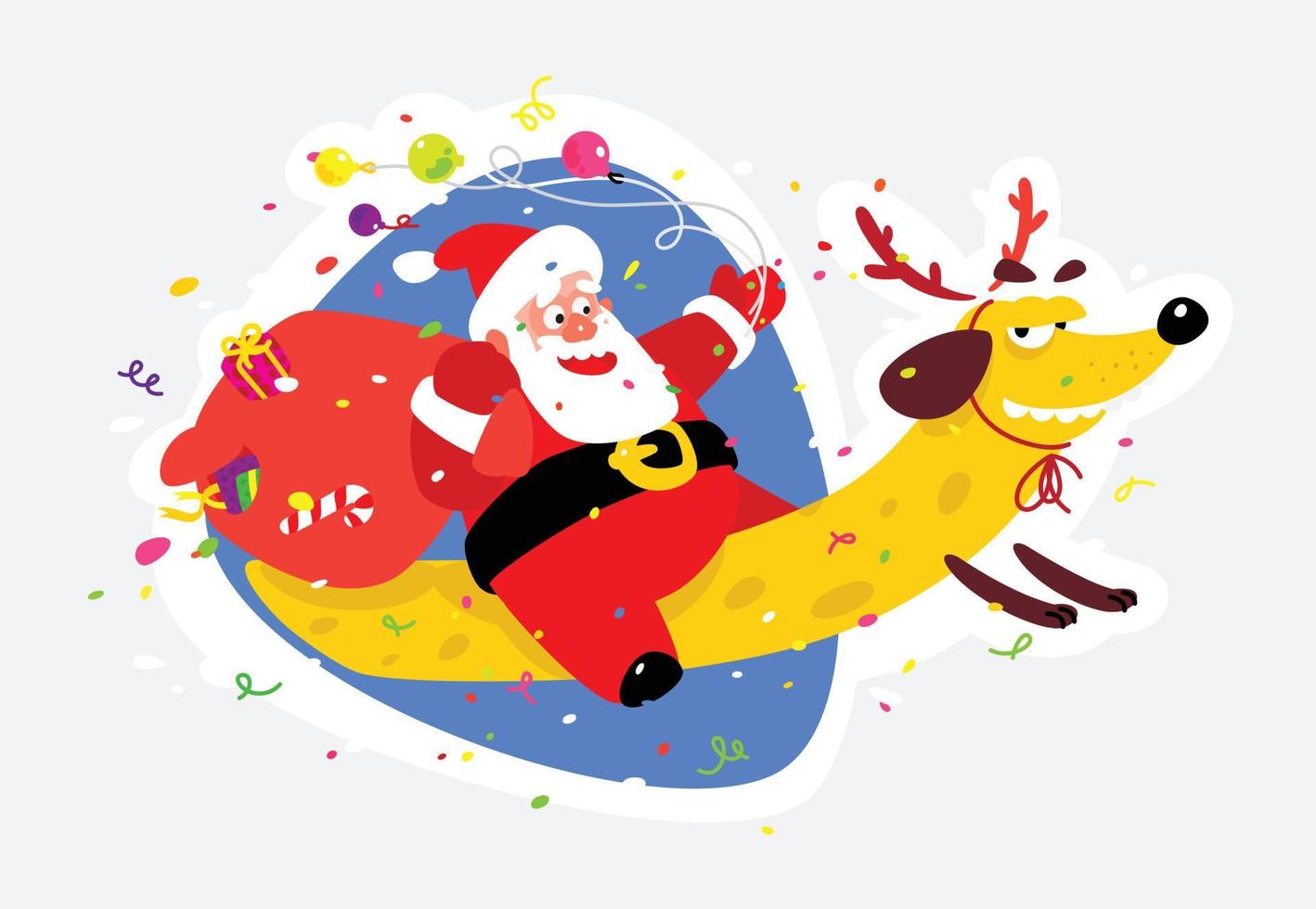 Lovely Santa Claus on a yellow dog. Chinese New Year and Christmas. Vector illustration isolated on white background. Suitable for printing and the web.