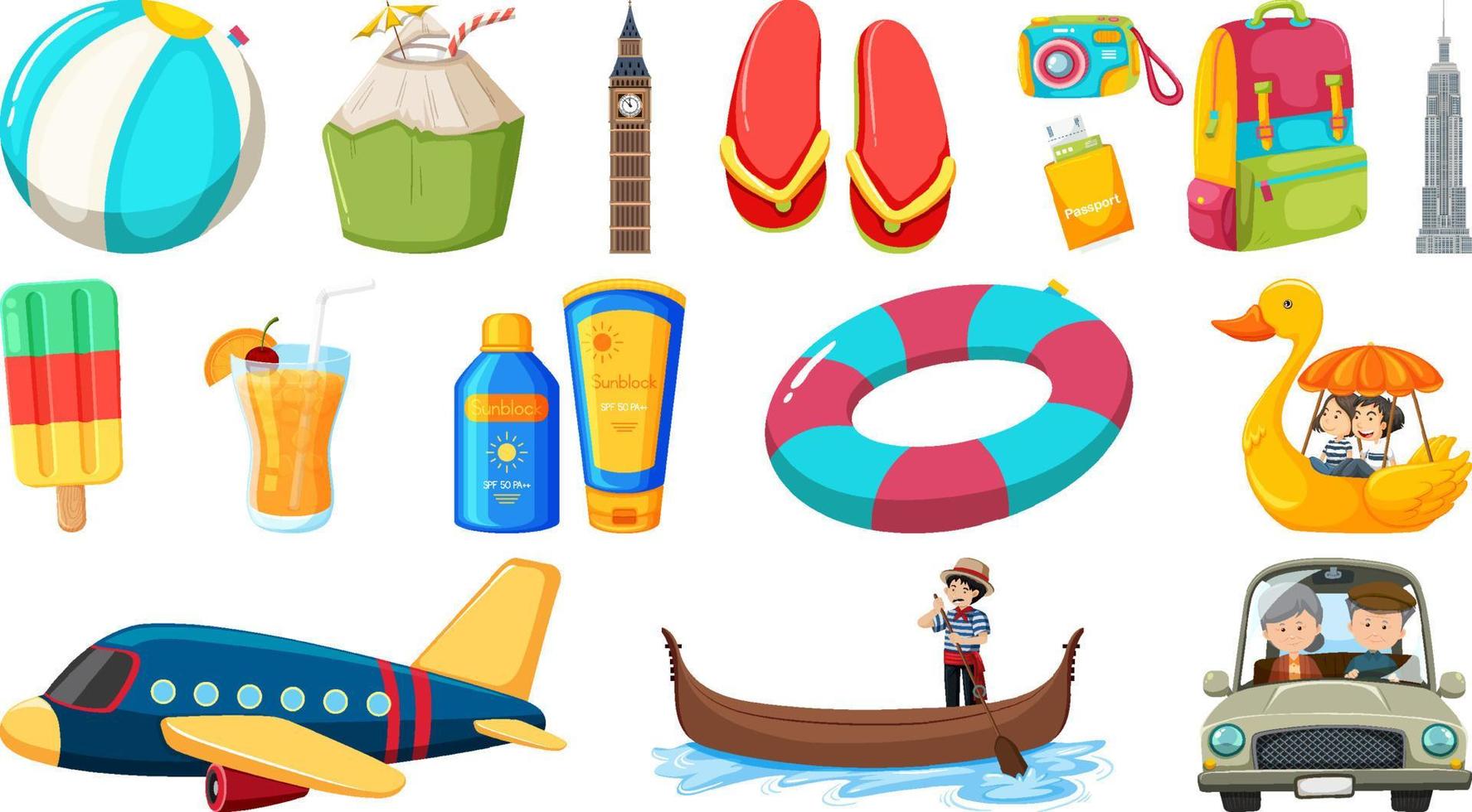 Set of summer vacation objects and elements vector