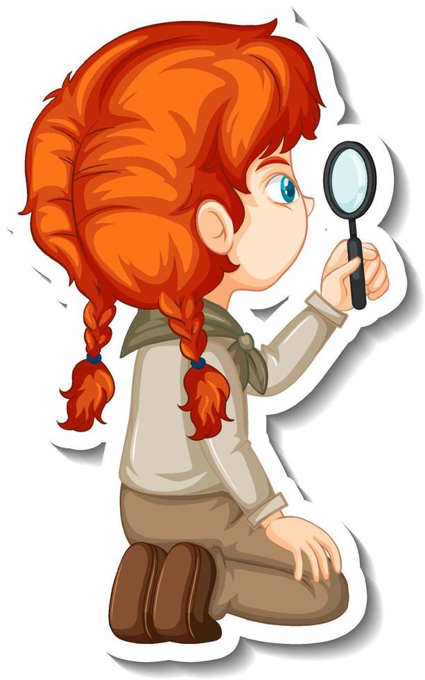 Safari girl using magnifying glass cartoon character sticker vector