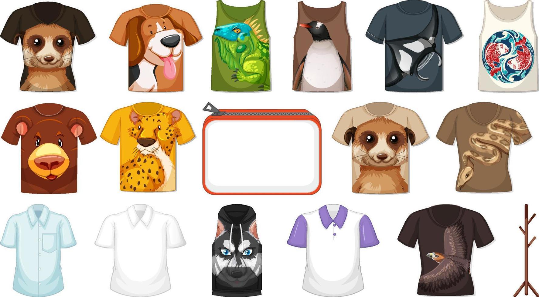 conjunto de diferentes camisetas y accesorios con estampados de animales. vector