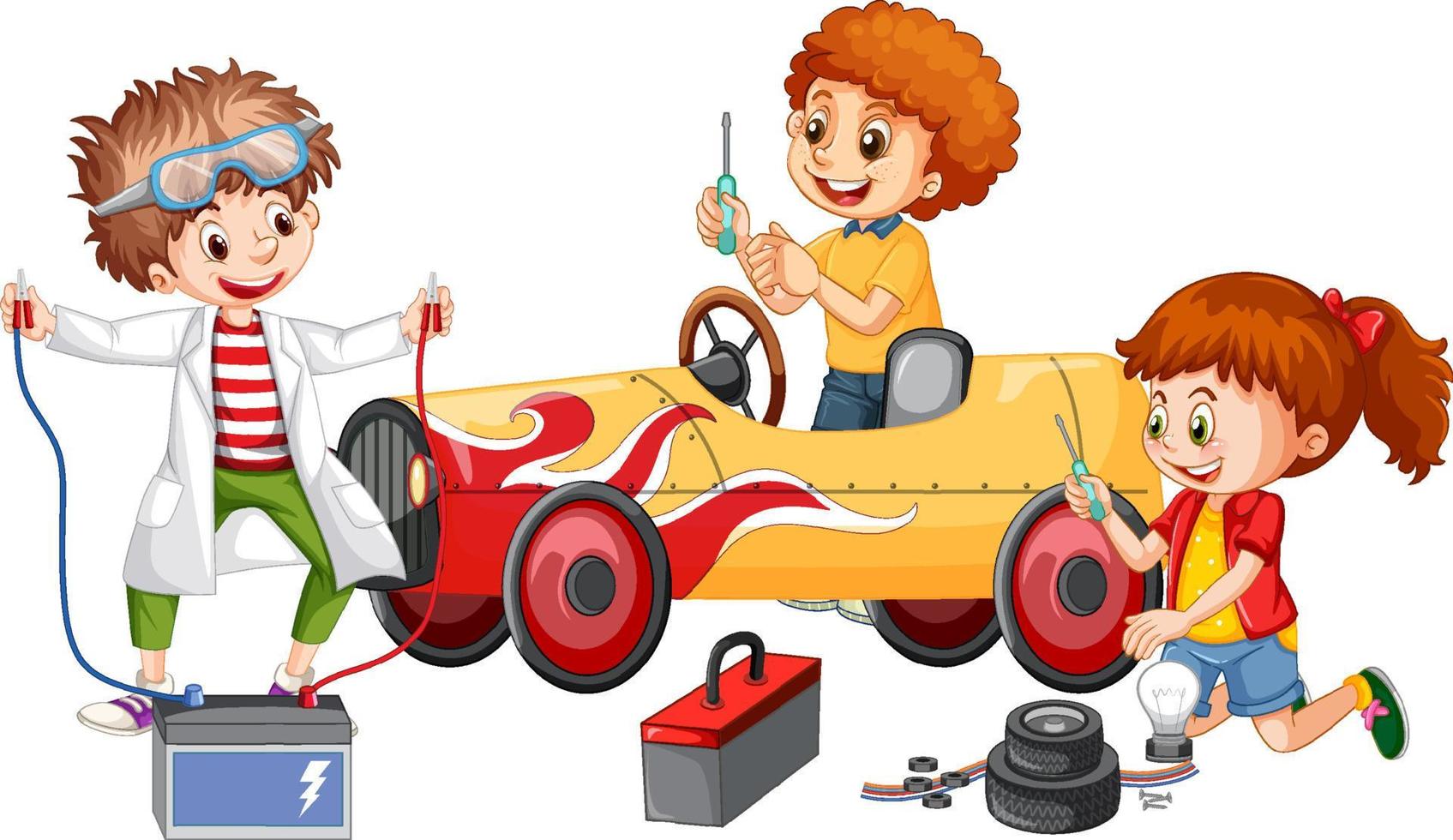 Children repairing a car together vector