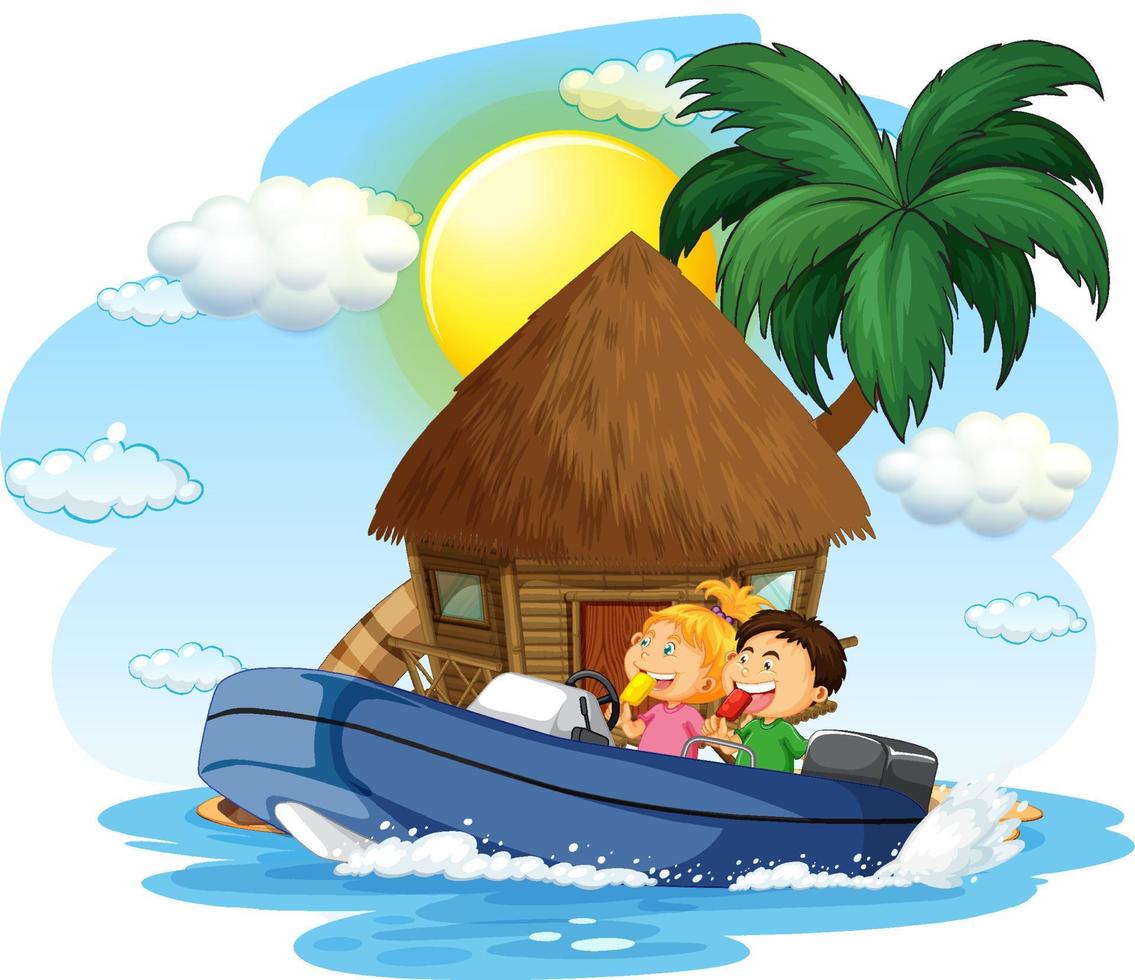 bungalow en la isla con niños en barco. vector