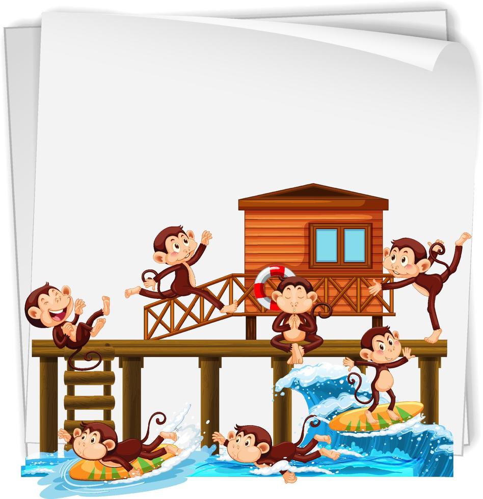 Wooden pier with many monkeys doing different activities vector