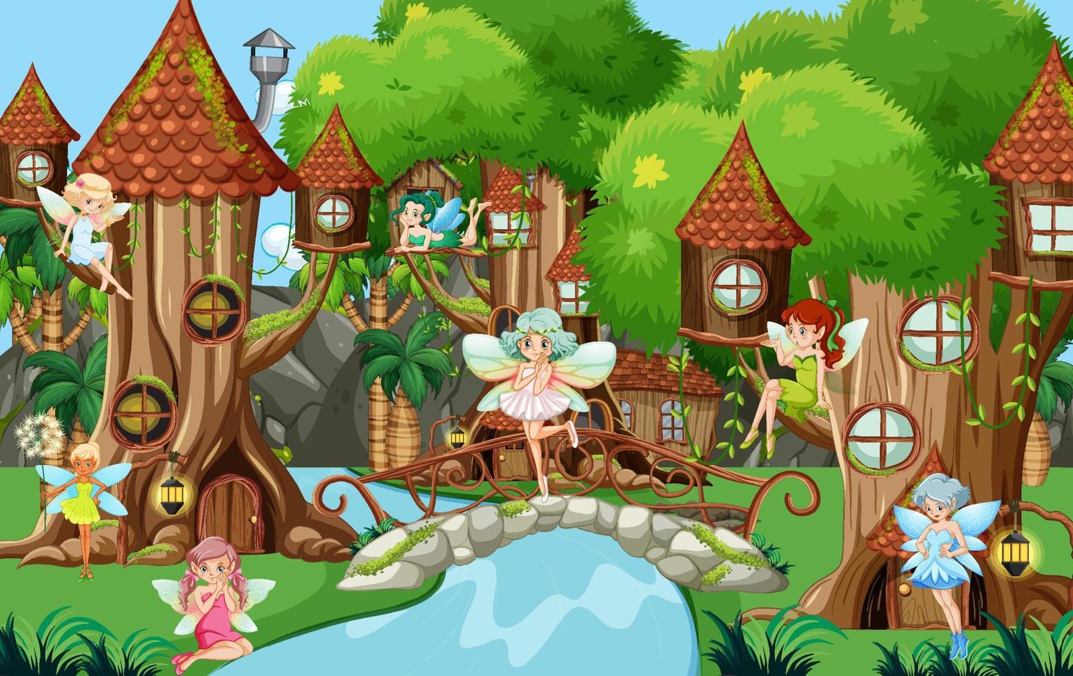 Fantasy forest with cute fairies vector