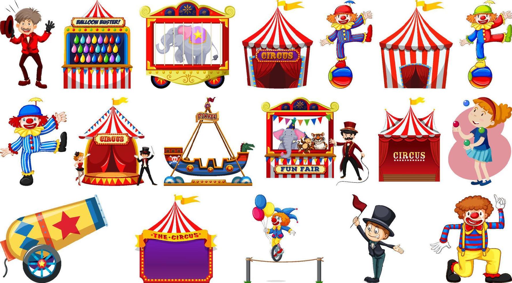 Set of circus characters and amusement park elements vector