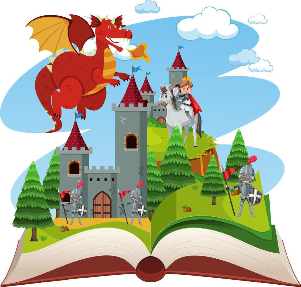 Los caballeros luchan con el dragón en el castillo en libro abierto. vector