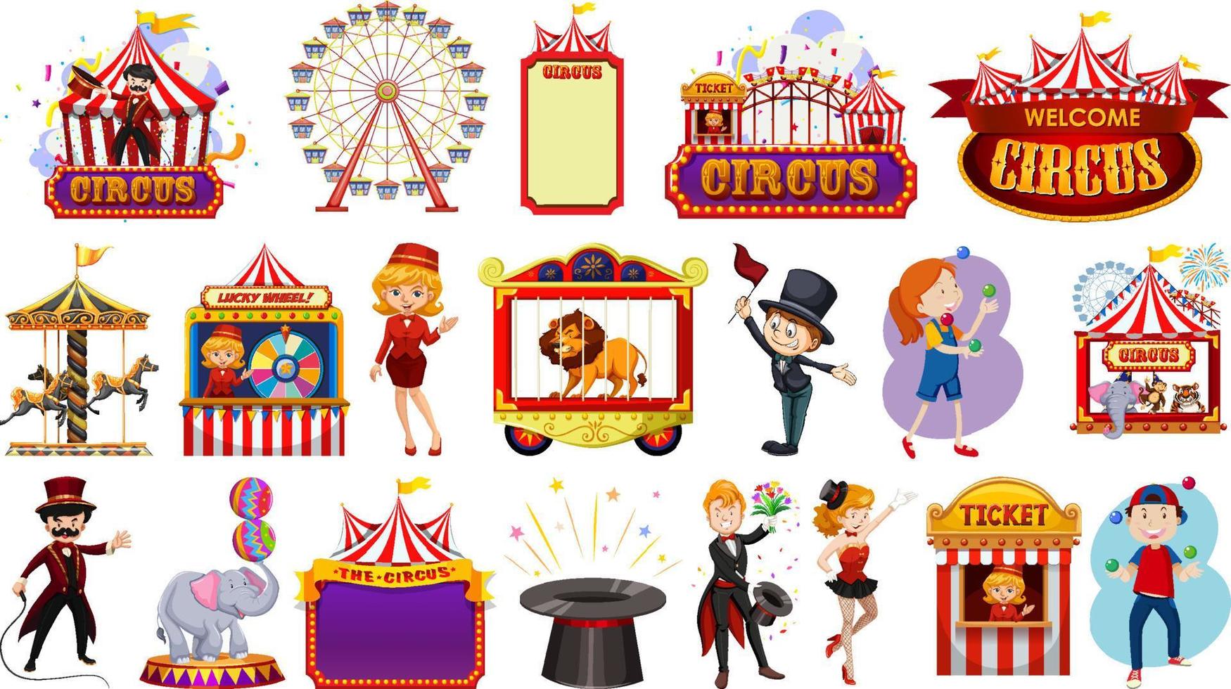 conjunto de personajes de circo y elementos del parque de atracciones. vector