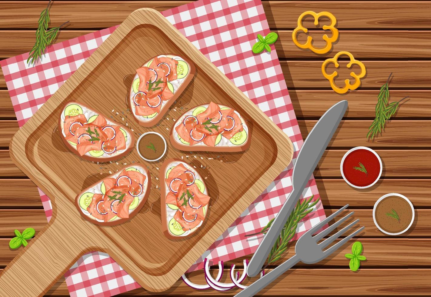 Smoked salmon bruschetta with vegatable ingredient on the wooden table background vector