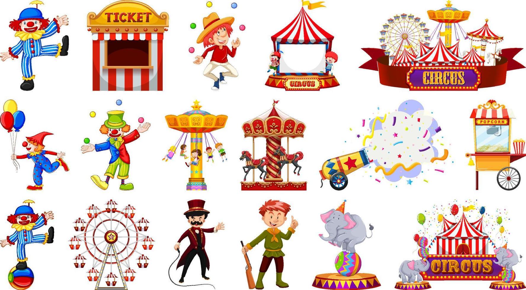 conjunto de personajes de circo y elementos del parque de atracciones. vector