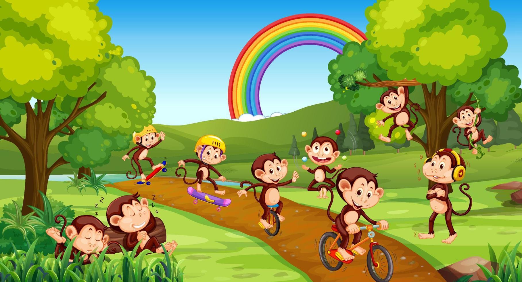 Park scene with little monkeys doing different activities vector