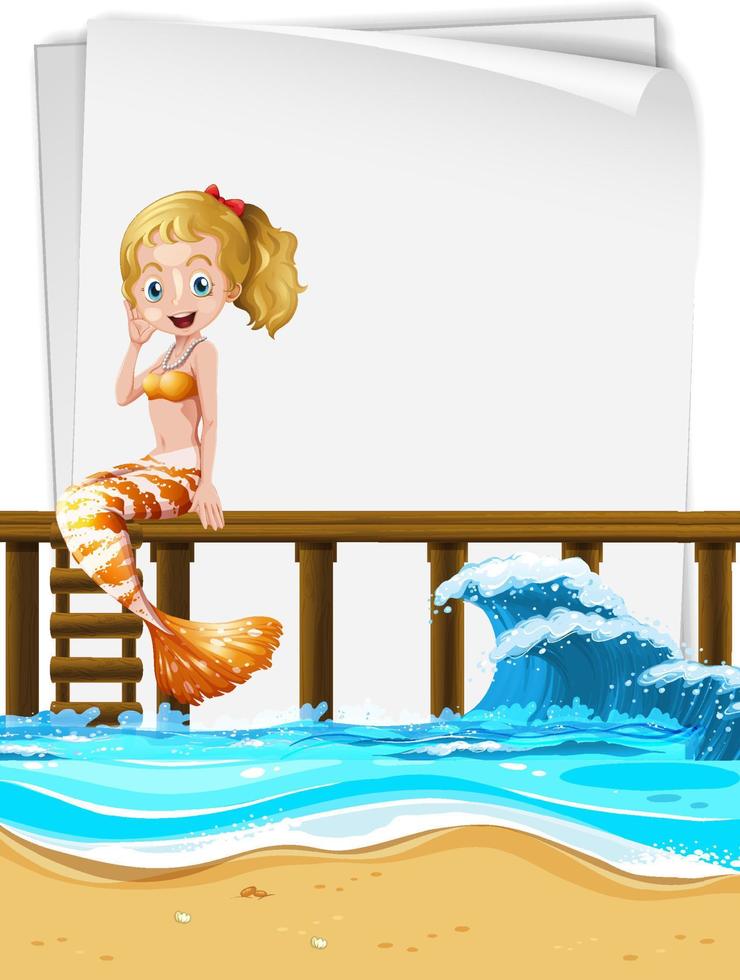 Mermaid sitting on wooden pier with an empty paper vector