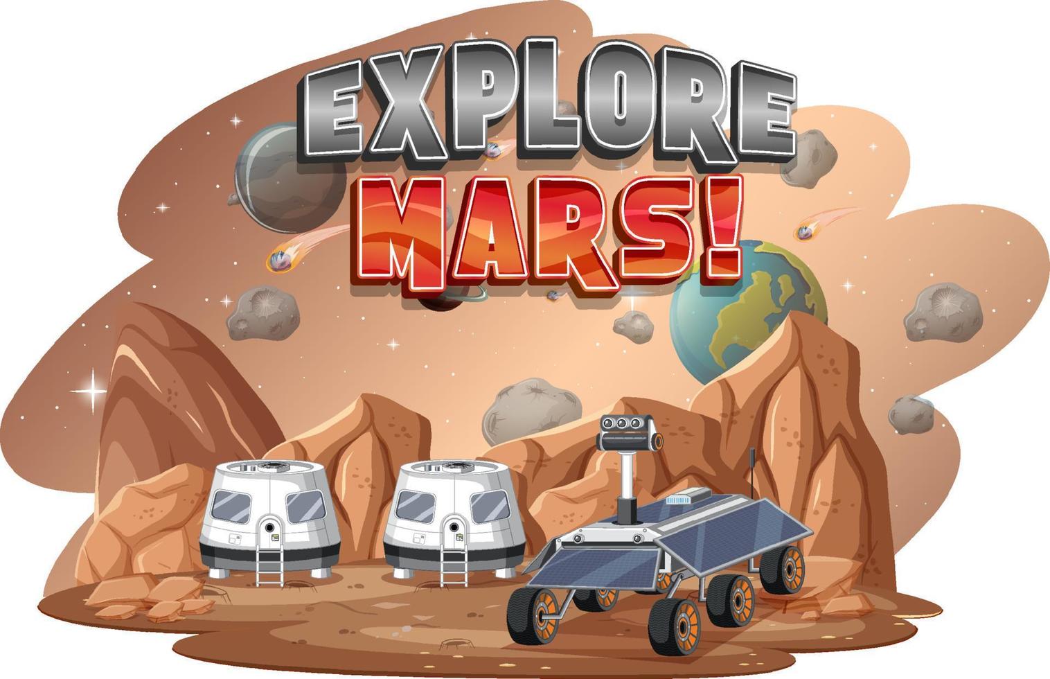 Explore Mars word logo design with space station vector