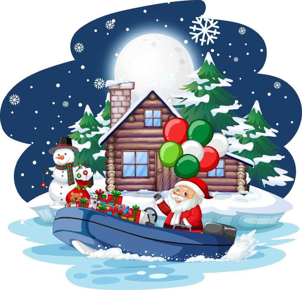 Snowy night with Santa Claus in a speedboat vector