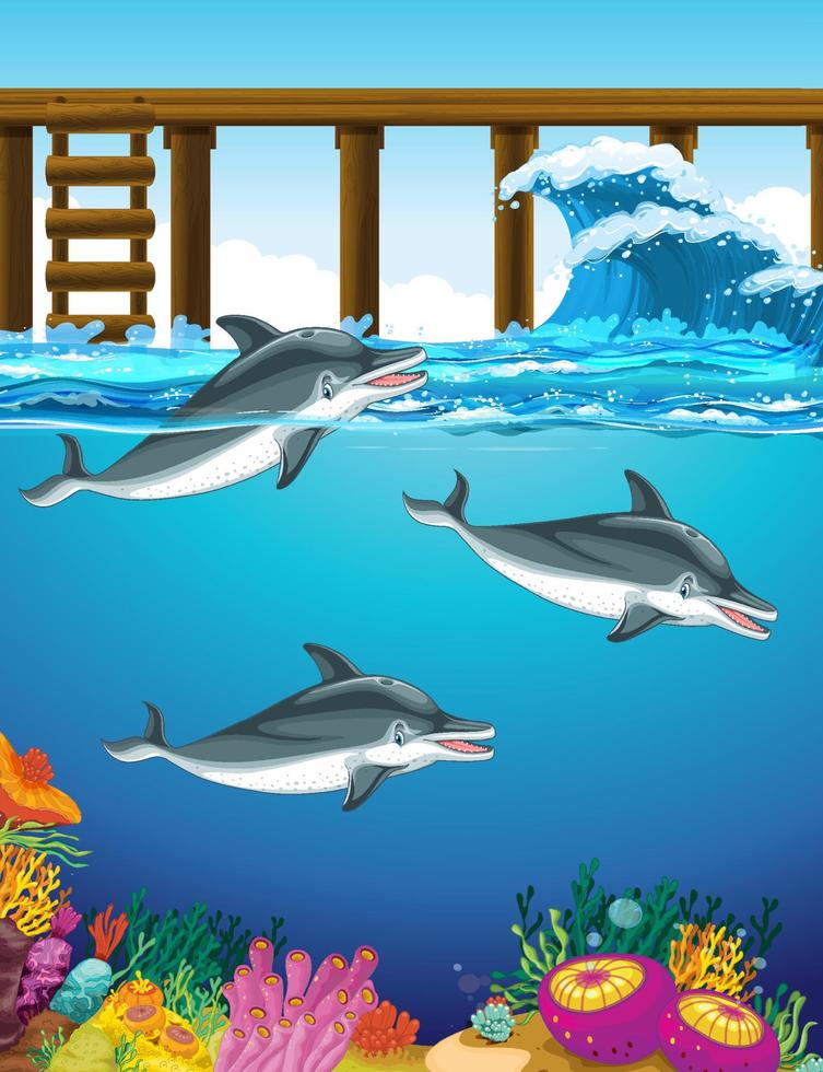 delfines nadando en el agua con muelle de madera vector