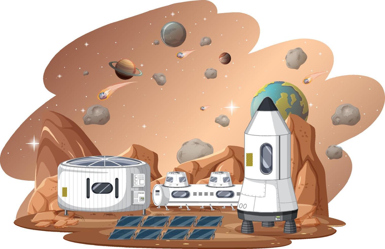 Space station on planet with spaceship vector