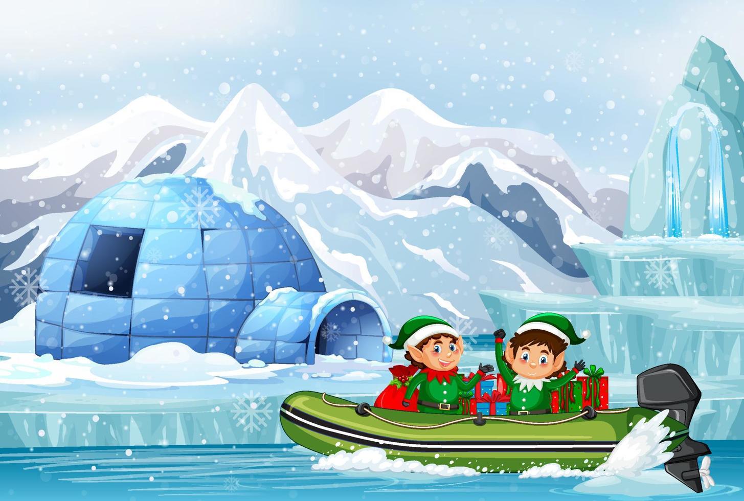 día nevado con lindos elfos entregando regalos en barco. vector