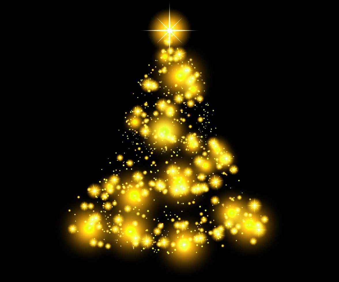 light gold christmas tree lights with snowflakes and yellow stars overlay pattern on black. photo