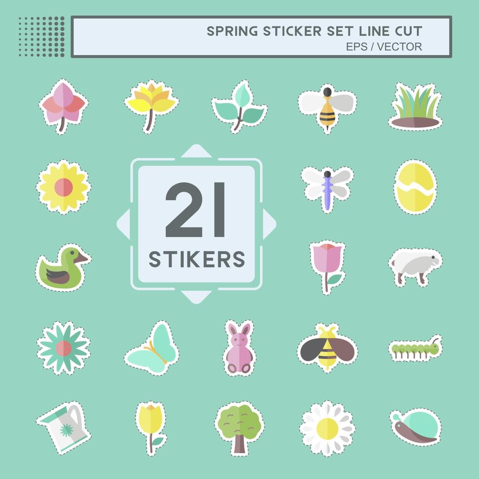 Spring Icon Set Tailor Sticker in trendy line cut isolated on blue background vector