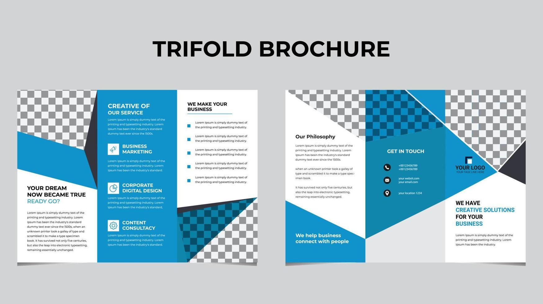 Tri fold brochure design with circle, corporate business template vector