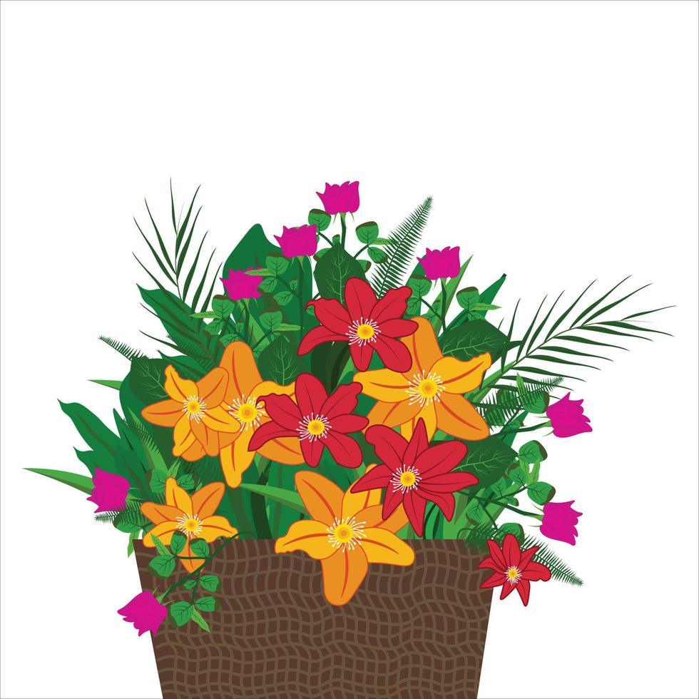 Colorful Flowers in Vases Vector Illustration, Spring colorful flowers in pots Vector