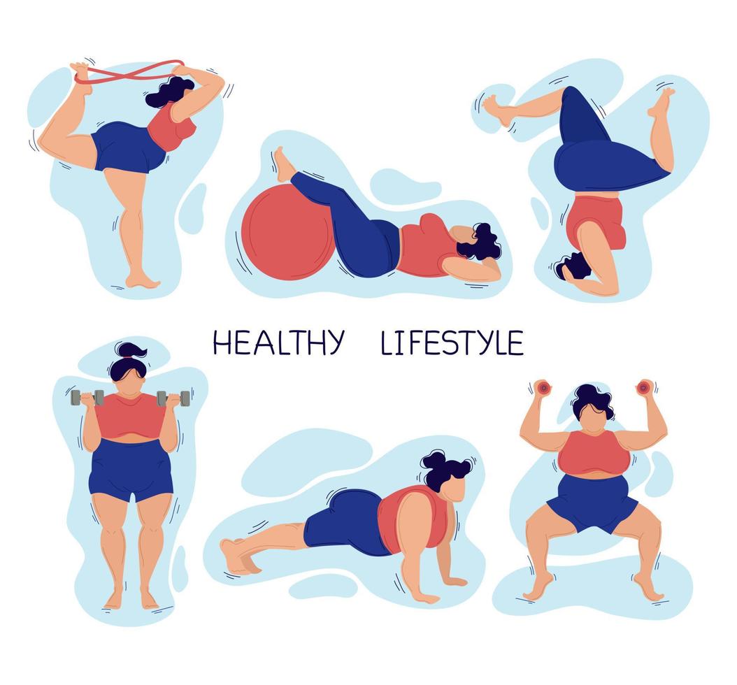 Happy young plus-size girl doing fitness and yoga. The concept of an active healthy lifestyle. Positive attitude to the body. vector