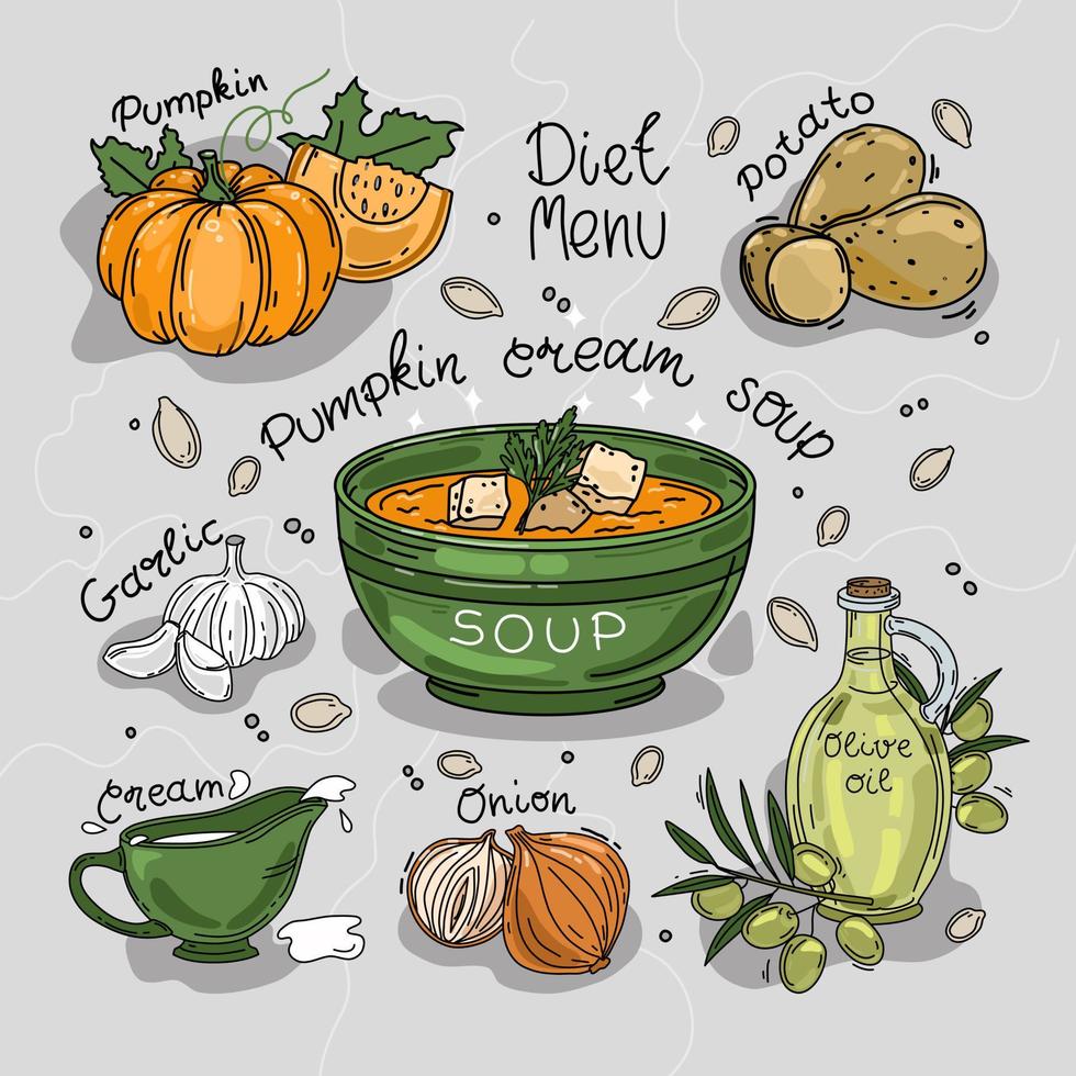 Vector illustration of pumpkin cream soup. Ingredients. Recipe. Isolated background.