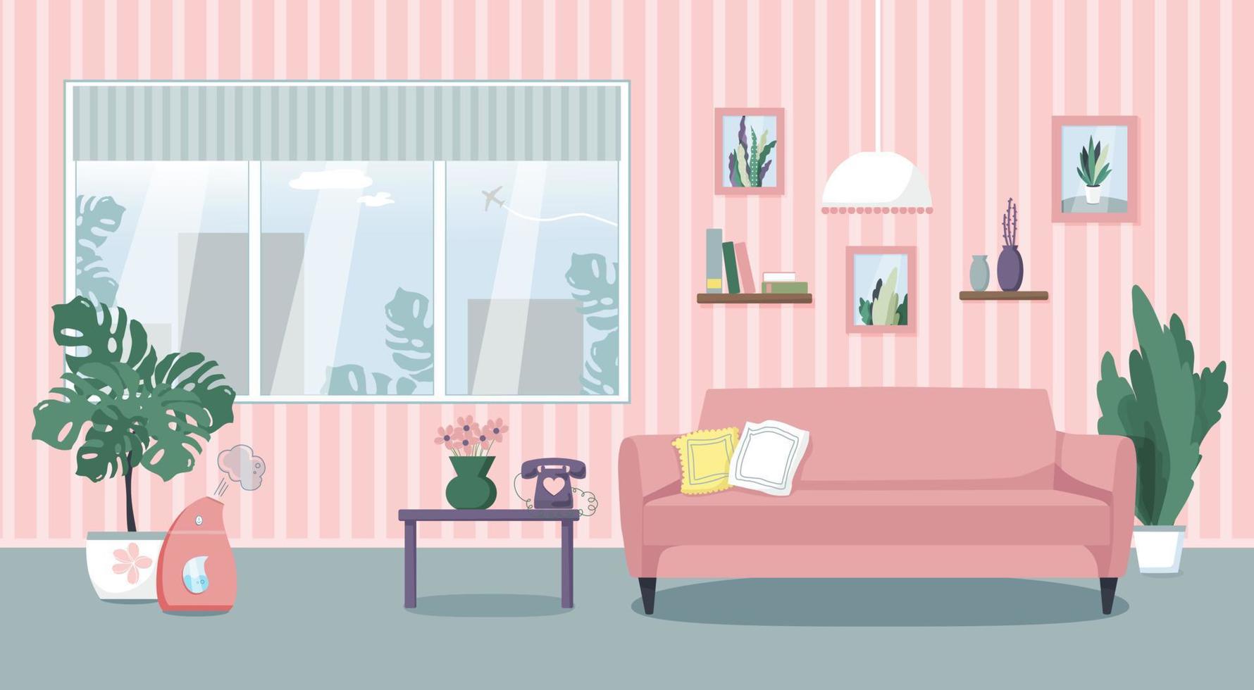 ilustración vectorial del interior de la sala de estar. cómodo sofá, mesa, ventana, plantas de interior, humidificador. estilo plano. vector