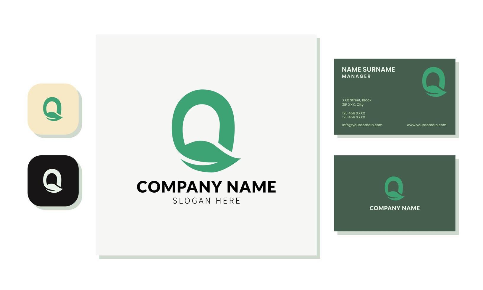 El diseño del logotipo de la letra q con una combinación de hojas es limpio y simple, moderno. conjunto de tarjetas de visita minimalistas con fines de identidad. vector