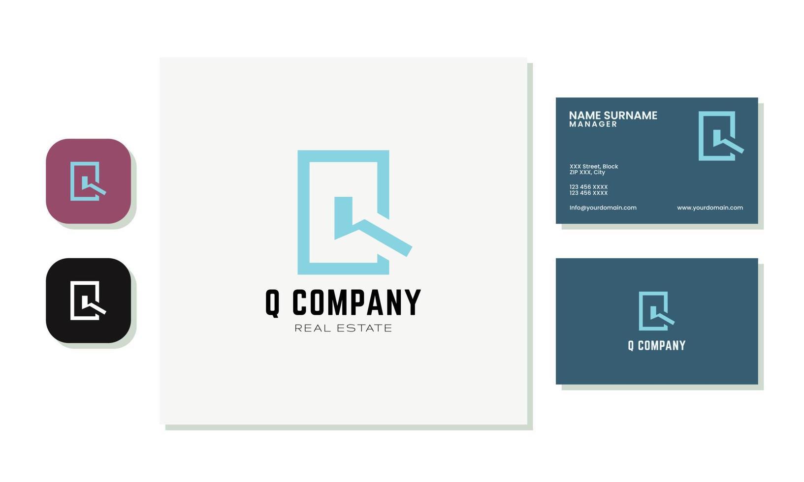 el diseño de la letra q se asemeja a la construcción de una casa, bueno para un negocio en el sector de la construcción o del mueble. conjunto de tarjetas de visita. vector