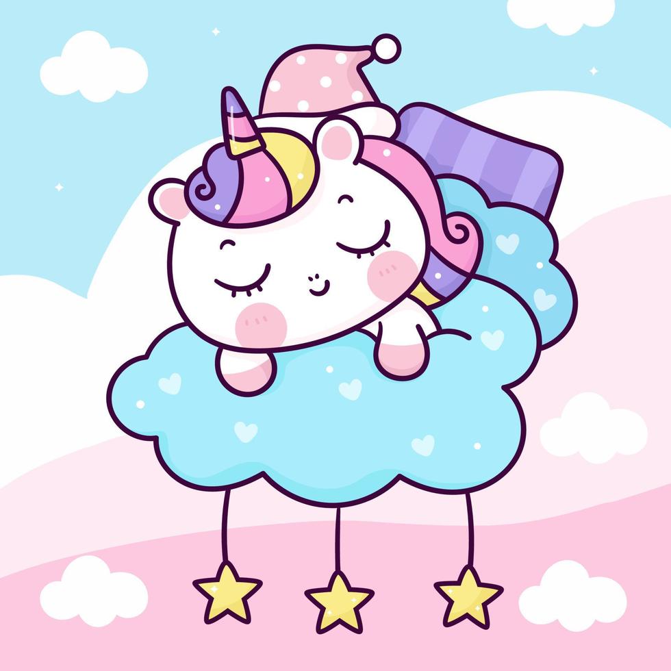 lindo unicornio duerme en la nube color pastel vector