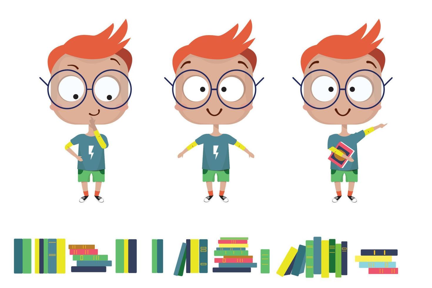 geek boy with glasses and books. Vector illustration