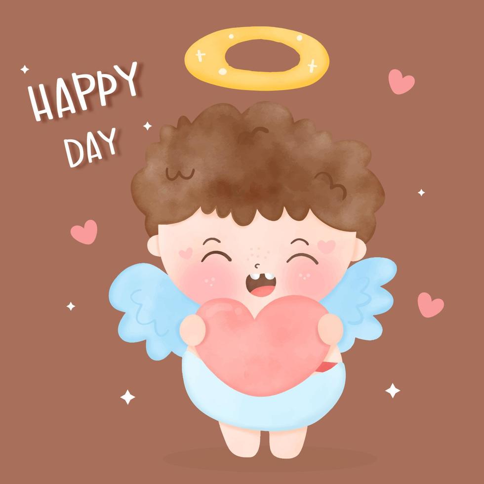 Watercolor Cupid baby curly child boy angel cartoon hug heart valentines baby vector