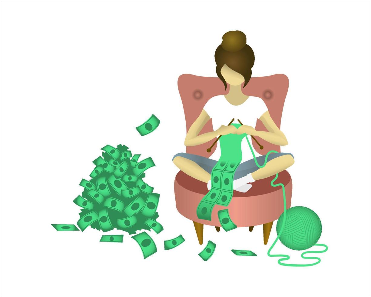 Girl on the chair is knitting a scarf. Monetization of hobbies. Vector illustration
