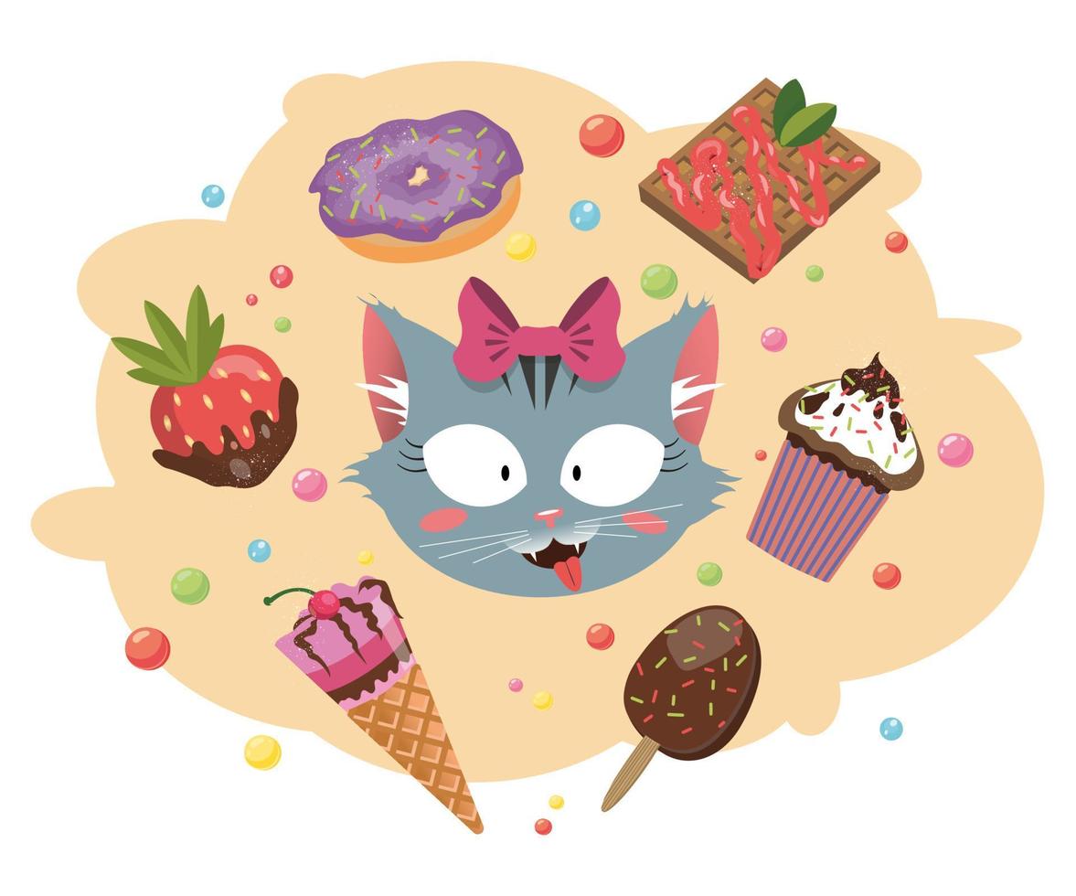 Cute smiling cat and a set of sweets. Vector cartoon illustration