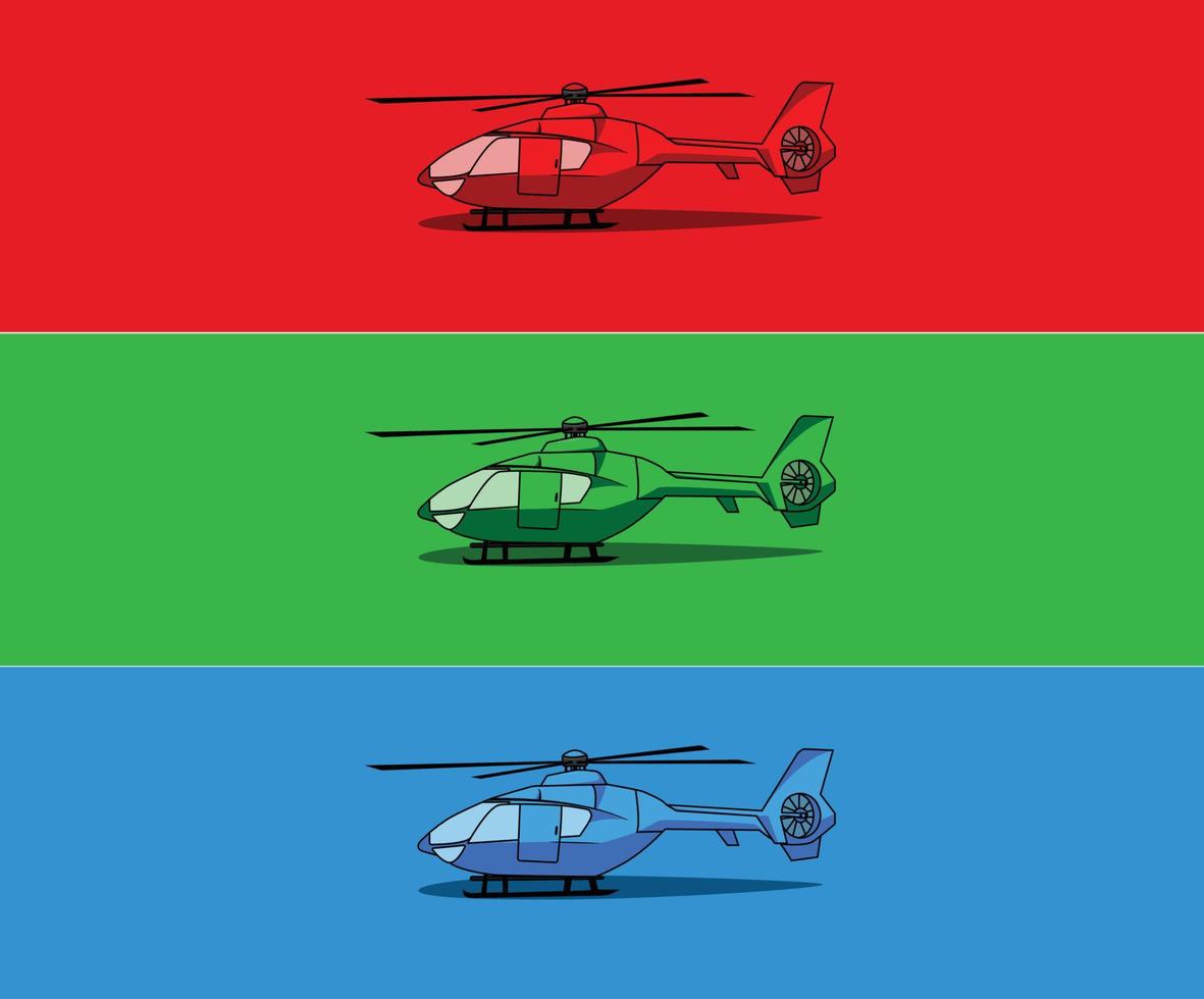 helicópteros de tres colores en estilo plano. vector