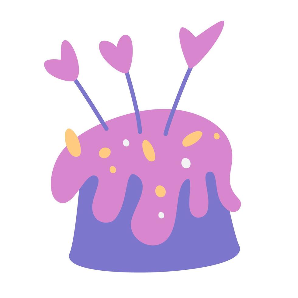 pastel de cumpleaños al horno. velas en forma de corazón. pastelería festiva clip art aislado para postal. tarjeta de felicitación de celebración de aniversario. Dibujar a mano ilustración vectorial. vector