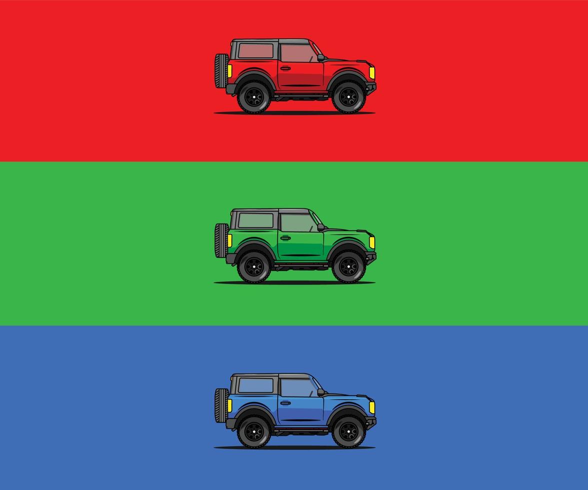 three colors off road cars in flat style vector