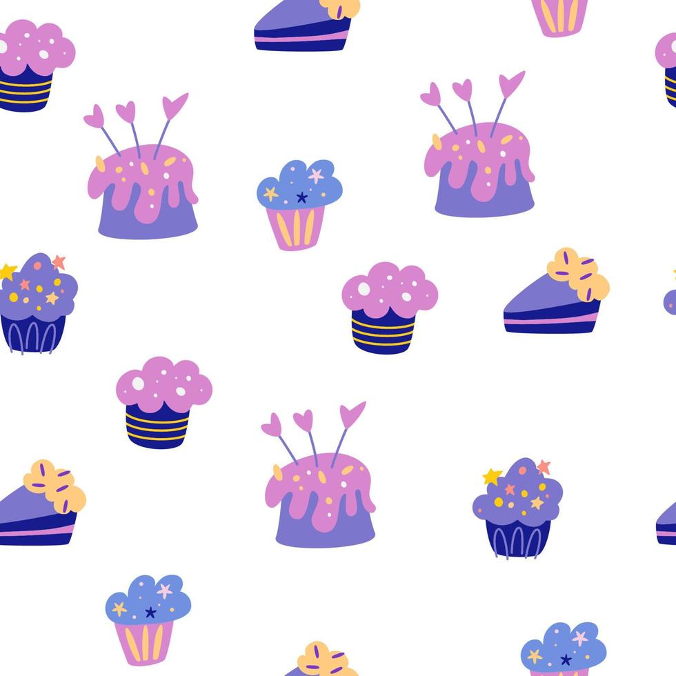 Birthday cream cakes seamless pattern. Muffins cakes and candles. Background for fabric, wrapping paper, textile, wallpaper and apparel. Greeting cards, invitations. Hand draw vector illustration.