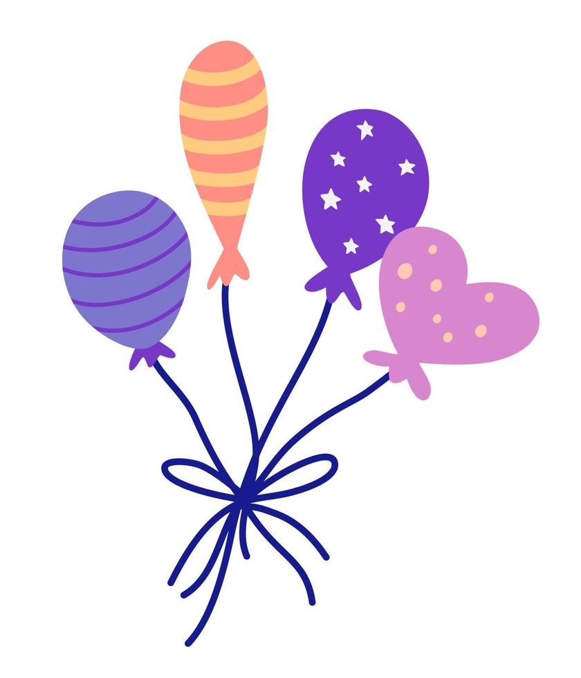 manojo de globos. Globo de helio para cumpleaños y fiesta. globo de dibujos animados volador con cuerda. icono de plano para celebrar y carnaval. dibujar a mano ilustración vectorial moderna. vector