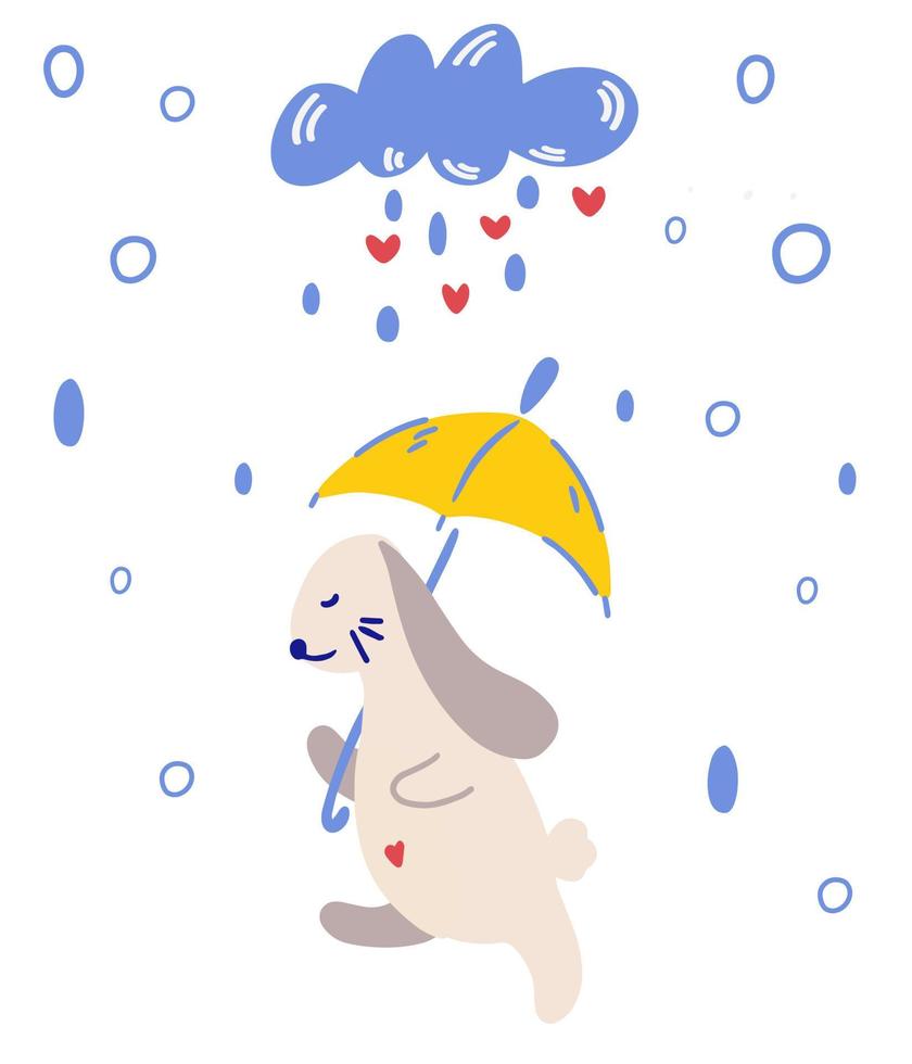 Bunny with an umbrella in the rain. Animal character. Rainy weather. Scandinavian childish nursery design. Childish print for apparel, nursery, cards, posters. Hand drawn illustration vector