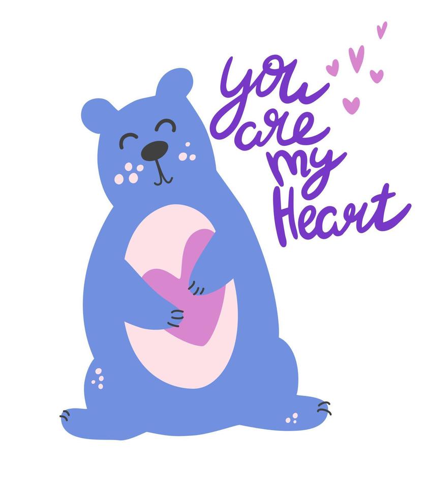 lindo oso tiene un corazón. mano dibujar inscripción eres mi corazón. día de san valentín, romántico, símbolo de vacaciones de cumpleaños. ilustración vectorial de dibujos animados para tarjetas de felicitación, impresión, pegatinas, diseño de carteles. vector