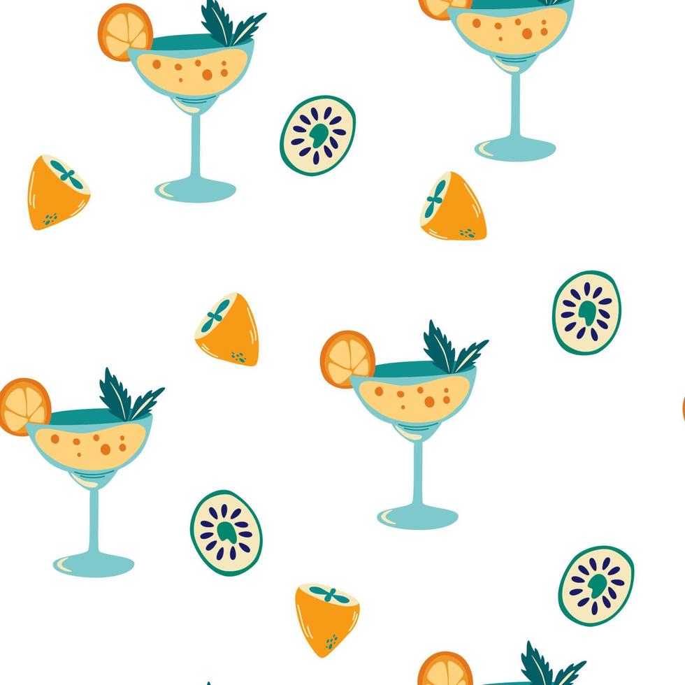 Cocktail seamless pattern. Summer background with cocktail with orange slice. Refreshing drink. Organic fresh fruits. For cafes, restaurant, menus and parties, textile. Cartoon vector illustration