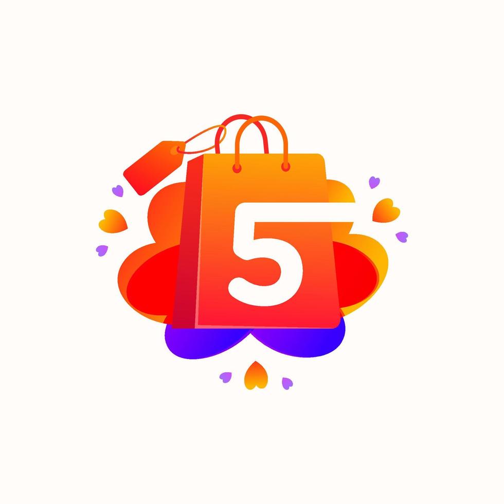 cinco números con icono de bolsa de compras de amor y diseño de elemento de vector de etiqueta de venta. Plantilla de cinco ilustraciones numéricas para identidad corporativa, etiqueta de oferta especial, etiqueta de superventa, pegatina, póster, etc.