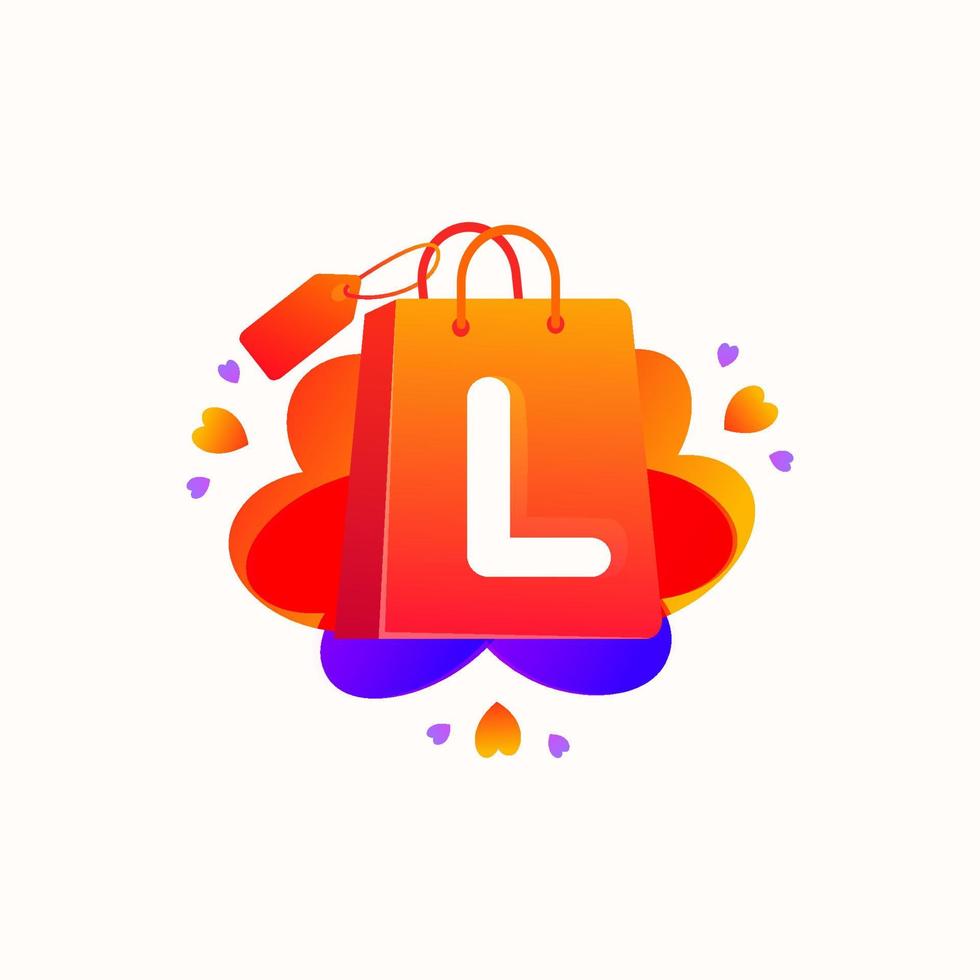 Letra l con icono de bolsa de compras de amor y diseño de elemento de vector de etiqueta de venta. l plantilla de ilustración del alfabeto para identidad corporativa, etiqueta de oferta especial, etiqueta de superventa, calcomanía, póster, etc.