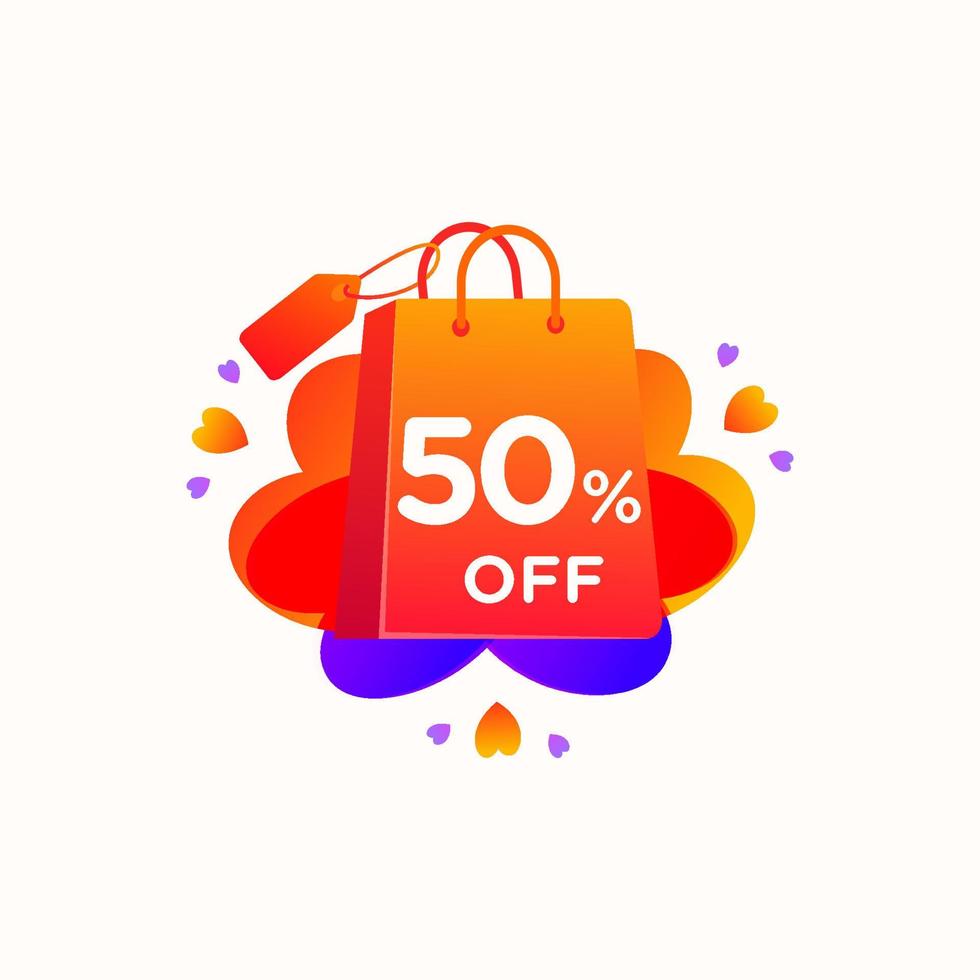 Fifty Percent off with love shopping bag icon and Sale tag discount offer price label element design. Vector special sale offer illustration template for corporate identity, Special offer tag