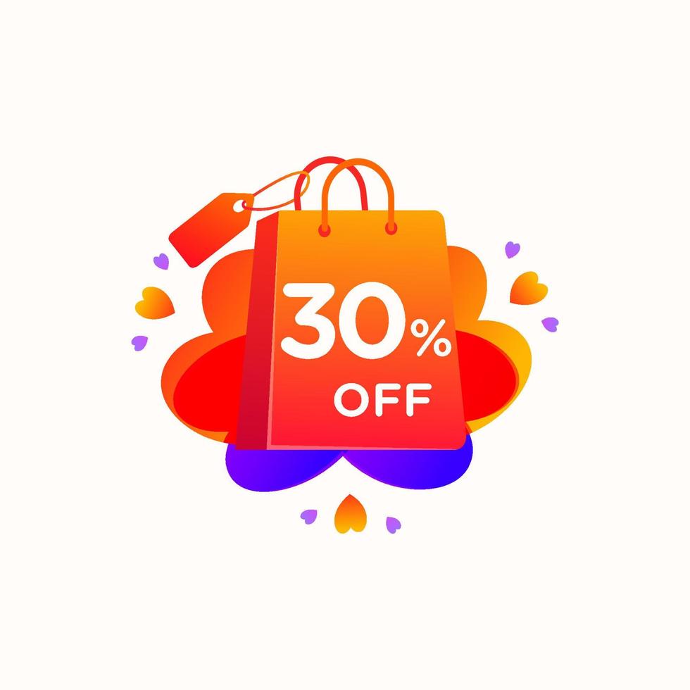 treinta por ciento de descuento con icono de bolsa de compras de amor y diseño de elemento de etiqueta de precio de oferta de descuento de etiqueta de venta. vector plantilla de ilustración de oferta de venta especial para identidad corporativa, etiqueta de oferta especial