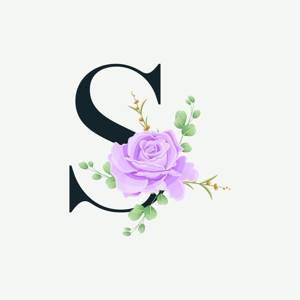 Beautiful S alphabet with Floral logo decoration template. Luxury font with green leaves emblem botanical vector illustration.