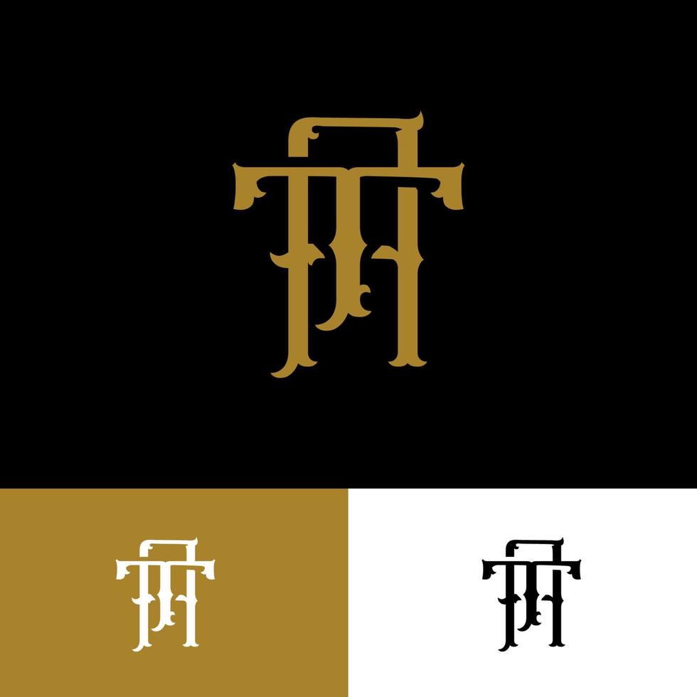 logotipo del monograma con la letra inicial a, t, at o ta color dorado superpuesto vintage sobre fondo negro vector